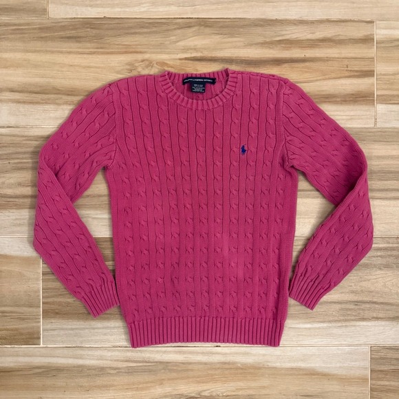 Ralph Lauren Sport Sweaters - Ralph Lauren Sport Pink Cable Knit Sweater Womens Large Blue Pony Crewneck